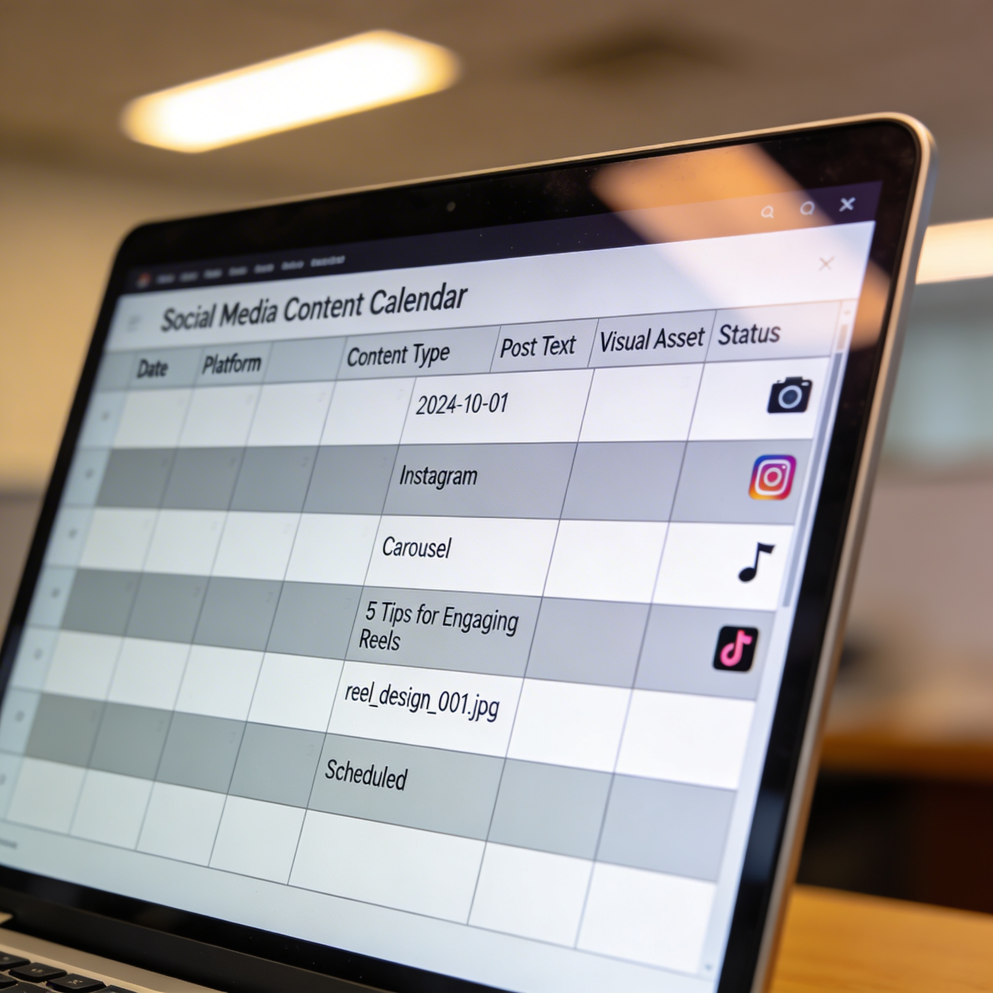 Laptop displaying a social media content calendar.