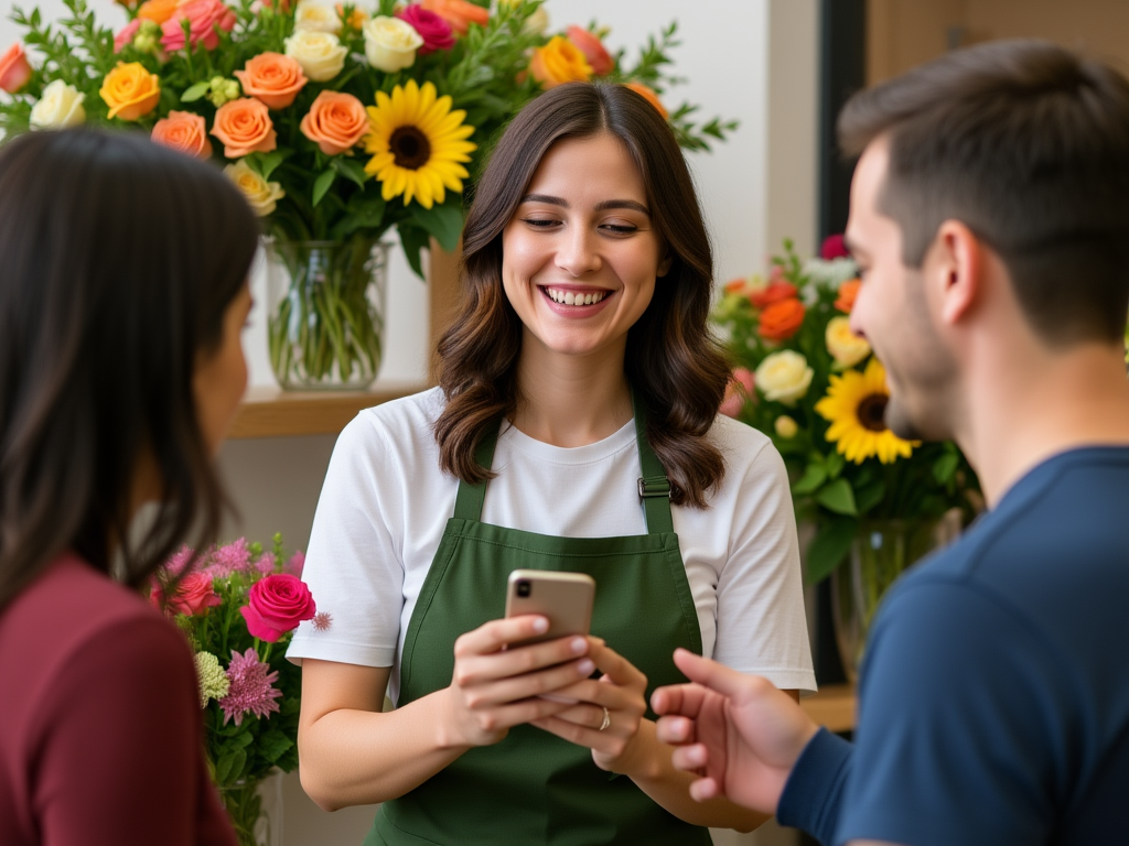 Florist engaging with customers on social media with flower arrangements in view