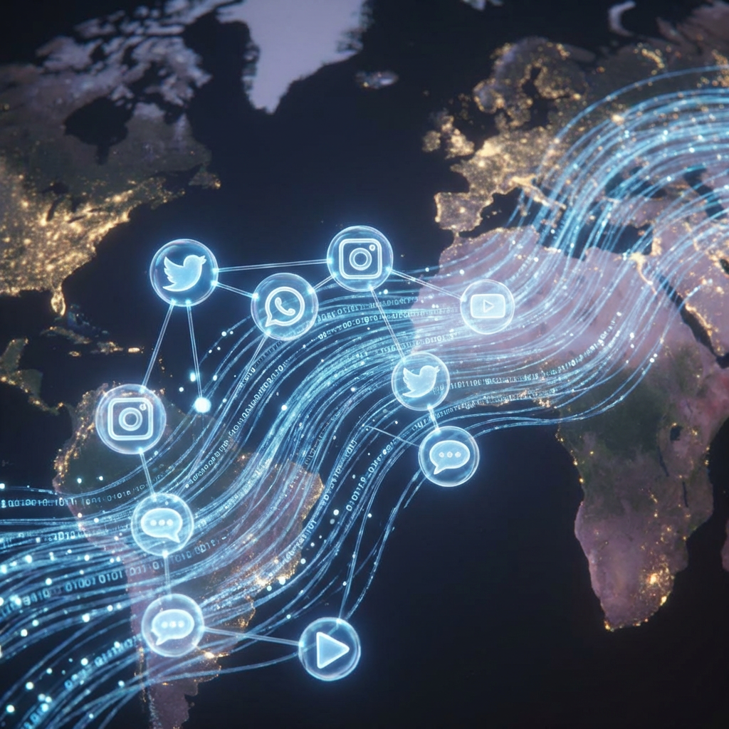 Social media icons morphing into data streams on a world map.